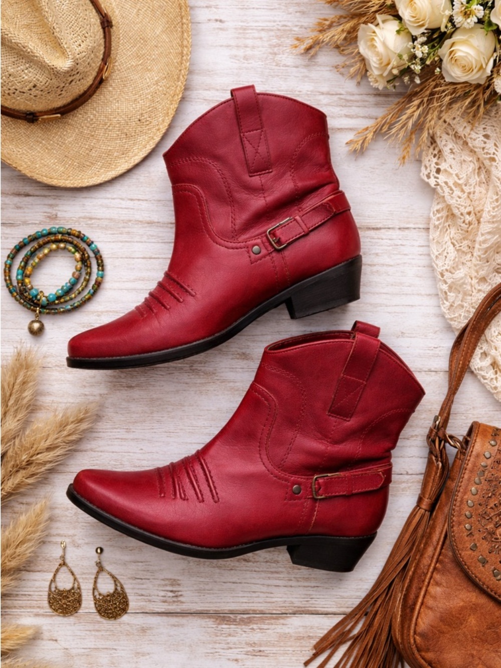 Franco Sarto Red Leather Western Ankle Boots Size 7 Cowboy Boho Rodeo